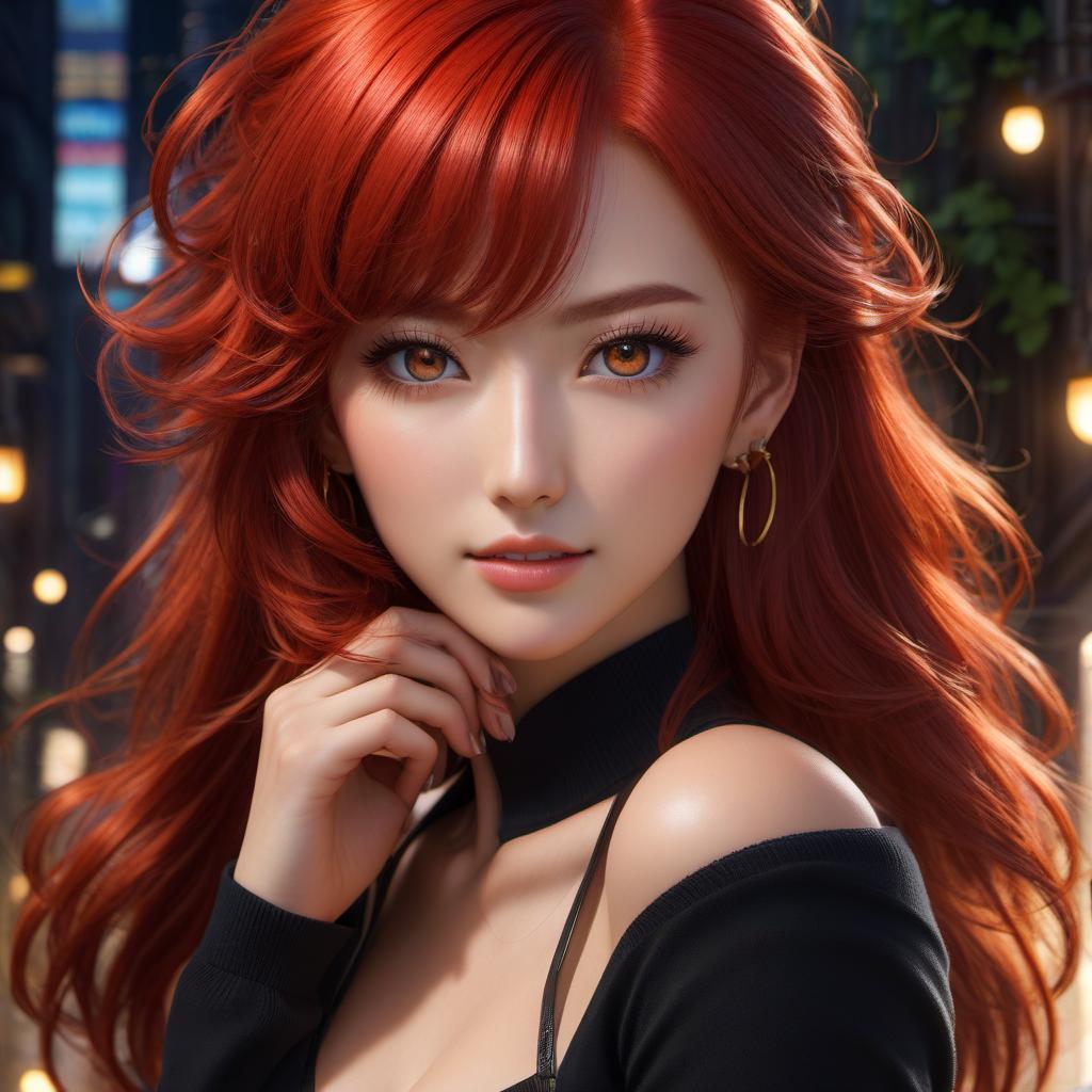  anime artwork A charming girl with bright red hair down to her shoulders slightly wavy and a slightly round face. Her eyes are pitch black like the night itself, and her body is slim and athletic. Her bust looks full for her age of 18 in youthful clothing. . anime style, key visual, vibrant, studio anime, highly detailed hyperrealistic, full body, detailed clothing, highly detailed, cinematic lighting, stunningly beautiful, intricate, sharp focus, f/1. 8, 85mm, (centered image composition), (professionally color graded), ((bright soft diffused light)), volumetric fog, trending on instagram, trending on tumblr, HDR 4K, 8K