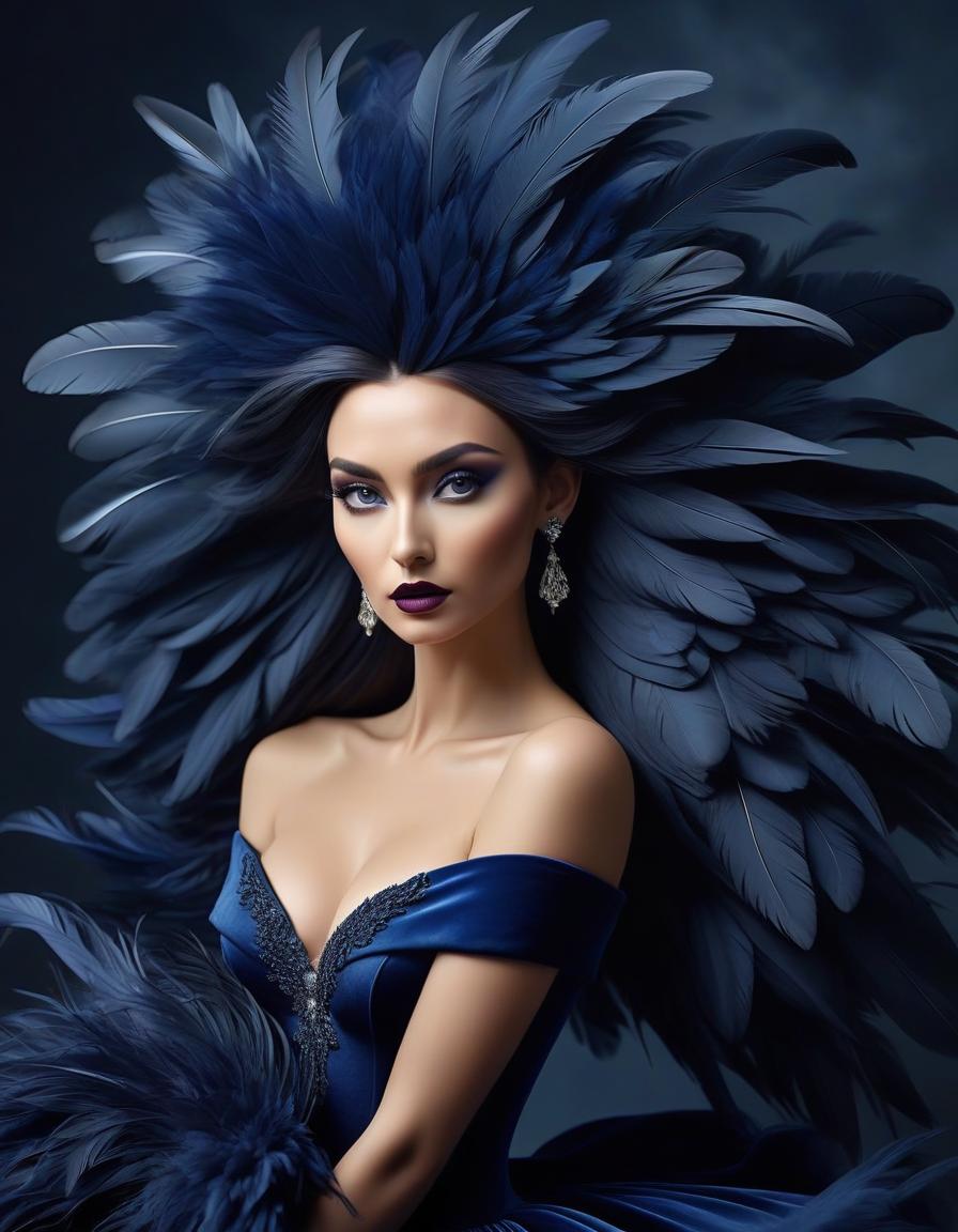  surrealist art Portrait of a beautiful in a dark blue velvet Lorrain dress, on beautiful hair adorned with soft feathers of dark blue colour . dreamlike, mysterious, , symbolic, intricate, detailed hyperrealistic, full body, detailed clothing, highly detailed, cinematic lighting, stunningly beautiful, intricate, sharp focus, f/1. 8, 85mm, (centered image composition), (professionally color graded), ((bright soft diffused light)), volumetric fog, trending on instagram, trending on tumblr, HDR 4K, 8K