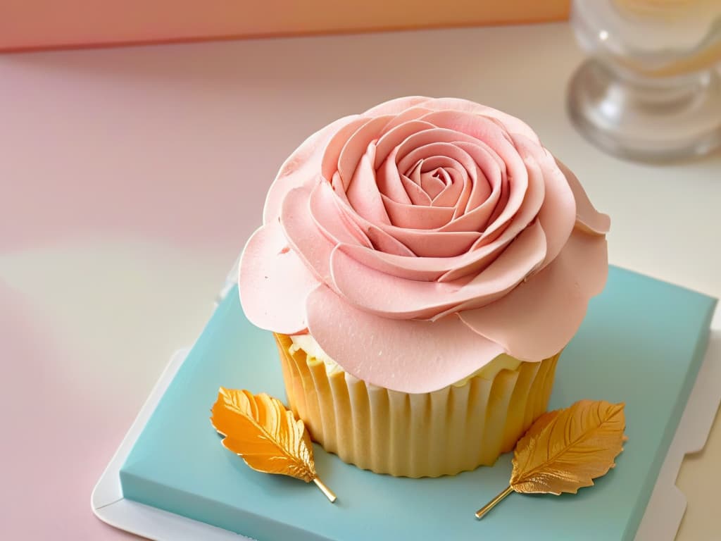  A closeup, ultradetailed image of a single rose cupcake, showcasing intricate layers of delicate pink frosting petals with edible gold leaf accents, set against a soft pastel background to highlight the fine details and elegant design. hyperrealistic, full body, detailed clothing, highly detailed, cinematic lighting, stunningly beautiful, intricate, sharp focus, f/1. 8, 85mm, (centered image composition), (professionally color graded), ((bright soft diffused light)), volumetric fog, trending on instagram, trending on tumblr, HDR 4K, 8K