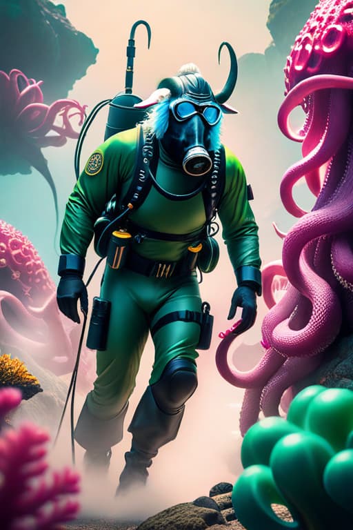  4k,realistic, high def big buff full body male goat with guns scuba diving with a diving mask with a big octopus with blue hair and blue beard , bright colors hot pink and blue, and green ,hyper realistic, hyperrealistic, full body, detailed clothing, highly detailed, cinematic lighting, stunningly beautiful, intricate, sharp focus, f/1. 8, 85mm, (centered image composition), (professionally color graded), ((bright soft diffused light)), volumetric fog, trending on instagram, trending on tumblr, HDR 4K, 8K