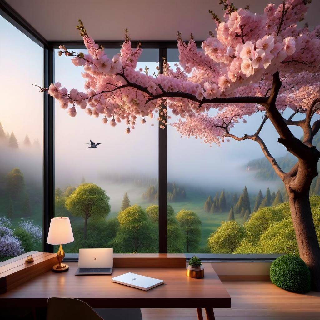  ethereal fantasy concept art of (Background):summer evening. (Interior) Window with pink curtains. Table on the table is a table lamp with a lampshade. (Table lamp design):The leg of the table lamp is made in the shape of a sakura trunk. There are small birds sitting on the branches. The lamp shade is gold coloured Empire style with white and pink cherry blossoms and flying petals embroidered on it. . magnificent, celestial, ethereal, painterly, epic, majestic, magical, fantasy art, cover art, dreamy hyperrealistic, full body, detailed clothing, highly detailed, cinematic lighting, stunningly beautiful, intricate, sharp focus, f/1. 8, 85mm, (centered image composition), (professionally color graded), ((bright soft diffused light)), volumetric fog, trending on instagram, trending on tumblr, HDR 4K, 8K