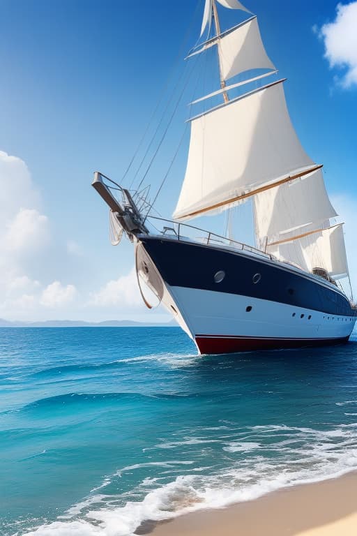  A beautiful boat with white sails is sailing peacefully on a sparkling blue ocean.