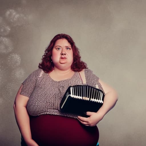 portrait+ style Traduzir textos com a câmera a fat woman, looking scared at her accordion waist