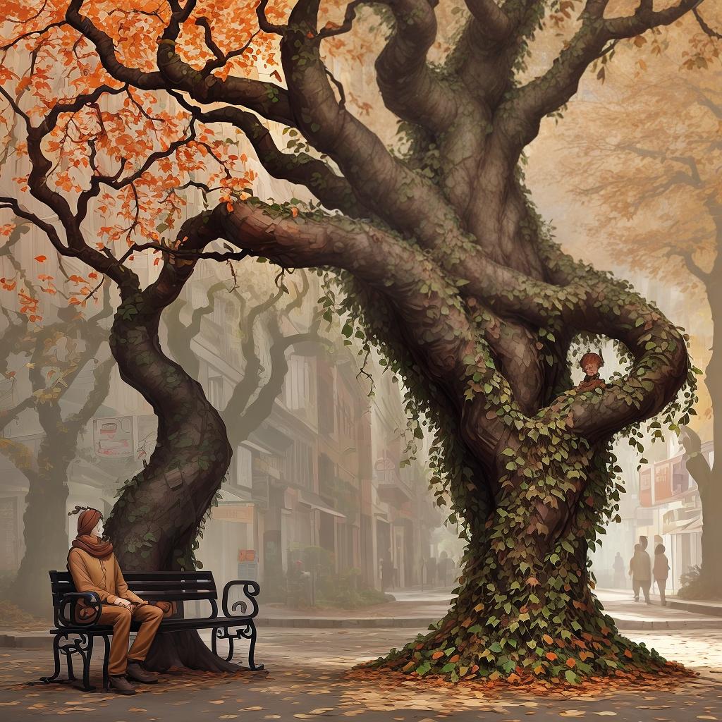  ent , living tree walking on the streets , brown colors, leaves all on his head and bench , so many vines