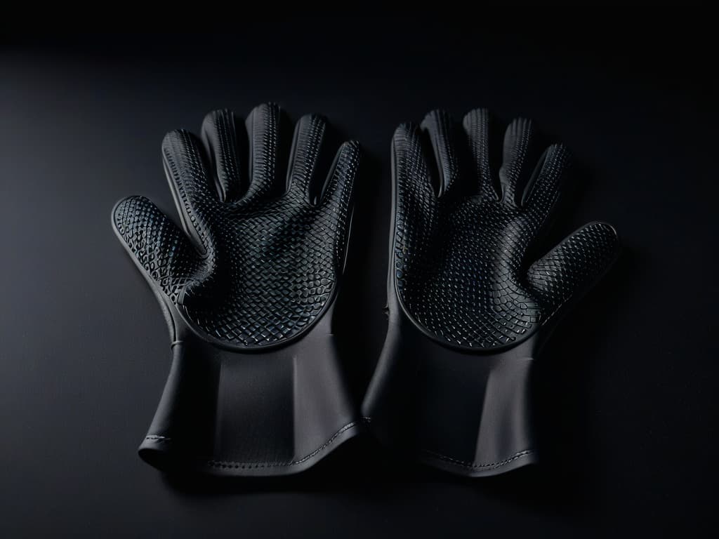  A closeup, ultradetailed image of a pair of sleek black silicone oven gloves, showcasing intricate textured grip patterns on the palms and fingers. The gloves are elegantly laid out against a matte black backdrop, with subtle lighting casting soft shadows to emphasize the advanced design and protection they offer. hyperrealistic, full body, detailed clothing, highly detailed, cinematic lighting, stunningly beautiful, intricate, sharp focus, f/1. 8, 85mm, (centered image composition), (professionally color graded), ((bright soft diffused light)), volumetric fog, trending on instagram, trending on tumblr, HDR 4K, 8K