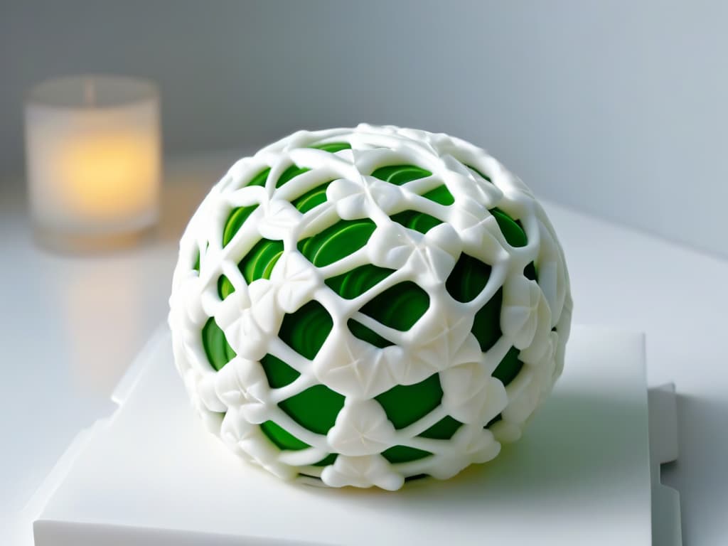  A minimalist, ultradetailed image of a delicate, intricately constructed sugar sculpture resembling a molecular structure, with precise geometric patterns and translucent elements catching the light in a sleek, modern kitchen setting. hyperrealistic, full body, detailed clothing, highly detailed, cinematic lighting, stunningly beautiful, intricate, sharp focus, f/1. 8, 85mm, (centered image composition), (professionally color graded), ((bright soft diffused light)), volumetric fog, trending on instagram, trending on tumblr, HDR 4K, 8K