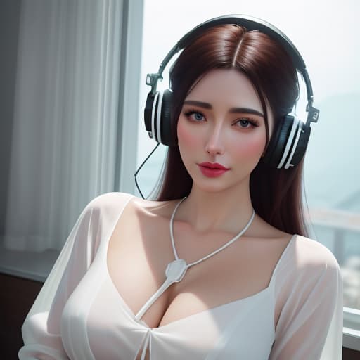  analog style, best quality, gorgeous young Swiss sitting by window with headphones on, wearing white with translucent shirt over, soft lips, beach hair, octane render, unreal engine, photograph, realistic skin texture, photorealistic, hyper realism, highly detailed, 85mm portrait photography, award winning, hard rim lighting photography hyperrealistic, full body, detailed clothing, highly detailed, cinematic lighting, stunningly beautiful, intricate, sharp focus, f/1. 8, 85mm, (centered image composition), (professionally color graded), ((bright soft diffused light)), volumetric fog, trending on instagram, trending on tumblr, HDR 4K, 8K