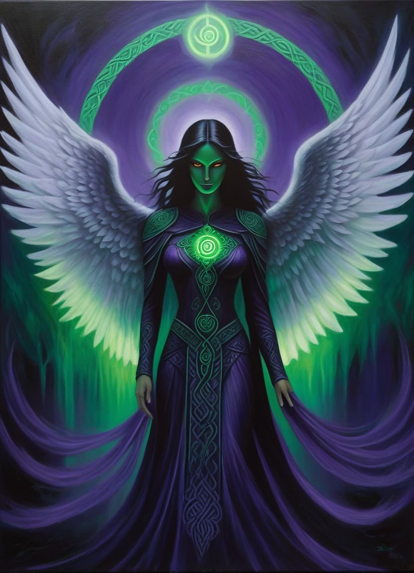  Oil Painting. Ghostly silhouette of dark angel with open wings:: purple luminous runes and green ornaments in Celtic style on chest and wings:: Glow. Shamanism, mysticism. Dark ribbed textures. Runic circle:: Glow. (Luminous symbols: 1,3). Power from within. (Glowing eyes: 1.3). Background Surreal abstractionism, fog from which intricate patterns of herbs and flowers emerge. Thin black curls of lines of magic and sorcery: fractal like gradients. Stylistics: neo rococo, fantastic abstraction, surrealism, mysticism. Swarovski. In the manner of Andrew Jones, Fragonard, Jacek Yerka, Mark Keatley, James Christensen. High quality. hyperrealistic, full body, detailed clothing, highly detailed, cinematic lighting, stunningly beautiful, intricate, sharp focus, f/1. 8, 85mm, (centered image composition), (professionally color graded), ((bright soft diffused light)), volumetric fog, trending on instagram, trending on tumblr, HDR 4K, 8K