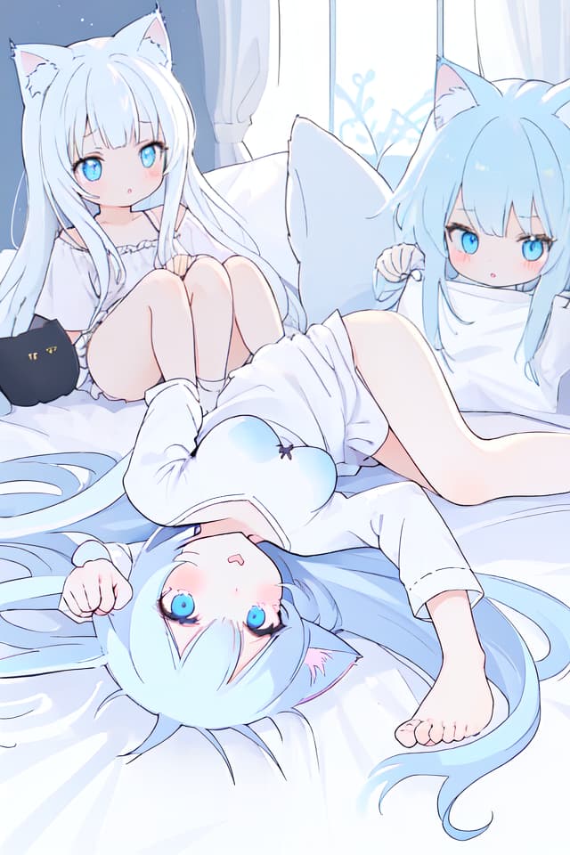  Cat ears, tails, girls, white long hair, light blue eyes, good night, night