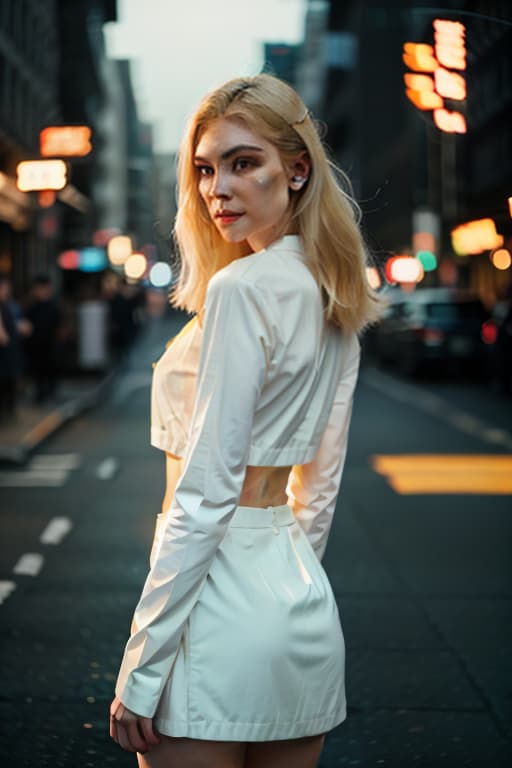  polaroid photo, night photo, photo of 75 y.o beautiful woman, pale skin, bokeh, motion blur, female from rear,blonde hair hyperrealistic, full body, detailed clothing, highly detailed, cinematic lighting, stunningly beautiful, intricate, sharp focus, f/1. 8, 85mm, (centered image composition), (professionally color graded), ((bright soft diffused light)), volumetric fog, trending on instagram, trending on tumblr, HDR 4K, 8K