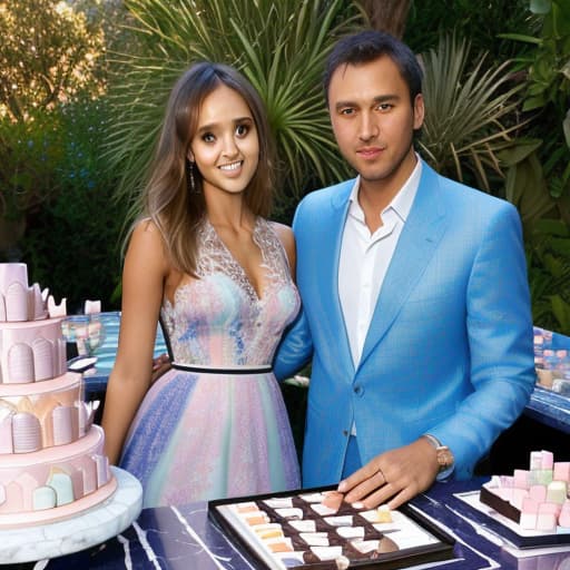  Beautiful Jessica Alba and boyfriend looking down (lace multi colored pastel designer dress, men’s blue business suit)(dark shadowed lighting)(Superrealism)(Foreground: open small box of fine dark chocolates on a reflective marble serving table) Background lush garden with fountain.