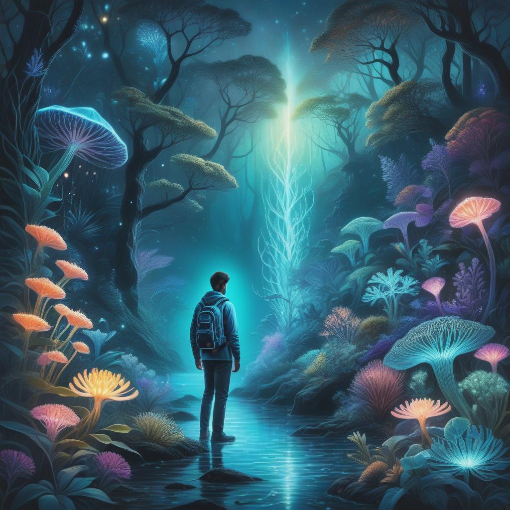  Ultra detailed illustration of a person lost in a magical world of wonders, glowy, bioluminescent flora, incredibly detailed, pastel colors, art by Mschiffer, night, bioluminescence, ultrarealistic, hyperrealistice, hyperdetailed hyperrealistic, full body, detailed clothing, highly detailed, cinematic lighting, stunningly beautiful, intricate, sharp focus, f/1. 8, 85mm, (centered image composition), (professionally color graded), ((bright soft diffused light)), volumetric fog, trending on instagram, trending on tumblr, HDR 4K, 8K