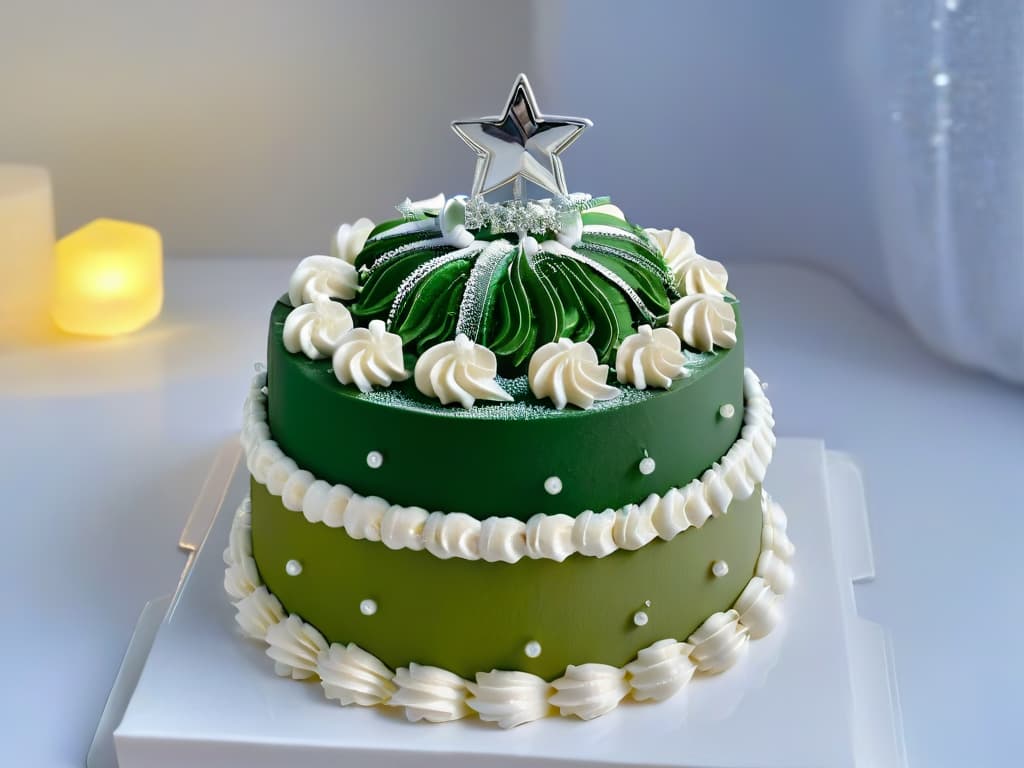  A minimalistic, ultradetailed image of a beautifully decorated Christmas treeshaped cake, adorned with intricate frosting snowflakes, edible silver pearls, and delicate fondant ornaments in the shape of miniature presents and candy canes. The cake sits on a pristine white platter, set against a softfocus background of twinkling fairy lights, adding a touch of festive magic to the scene. hyperrealistic, full body, detailed clothing, highly detailed, cinematic lighting, stunningly beautiful, intricate, sharp focus, f/1. 8, 85mm, (centered image composition), (professionally color graded), ((bright soft diffused light)), volumetric fog, trending on instagram, trending on tumblr, HDR 4K, 8K