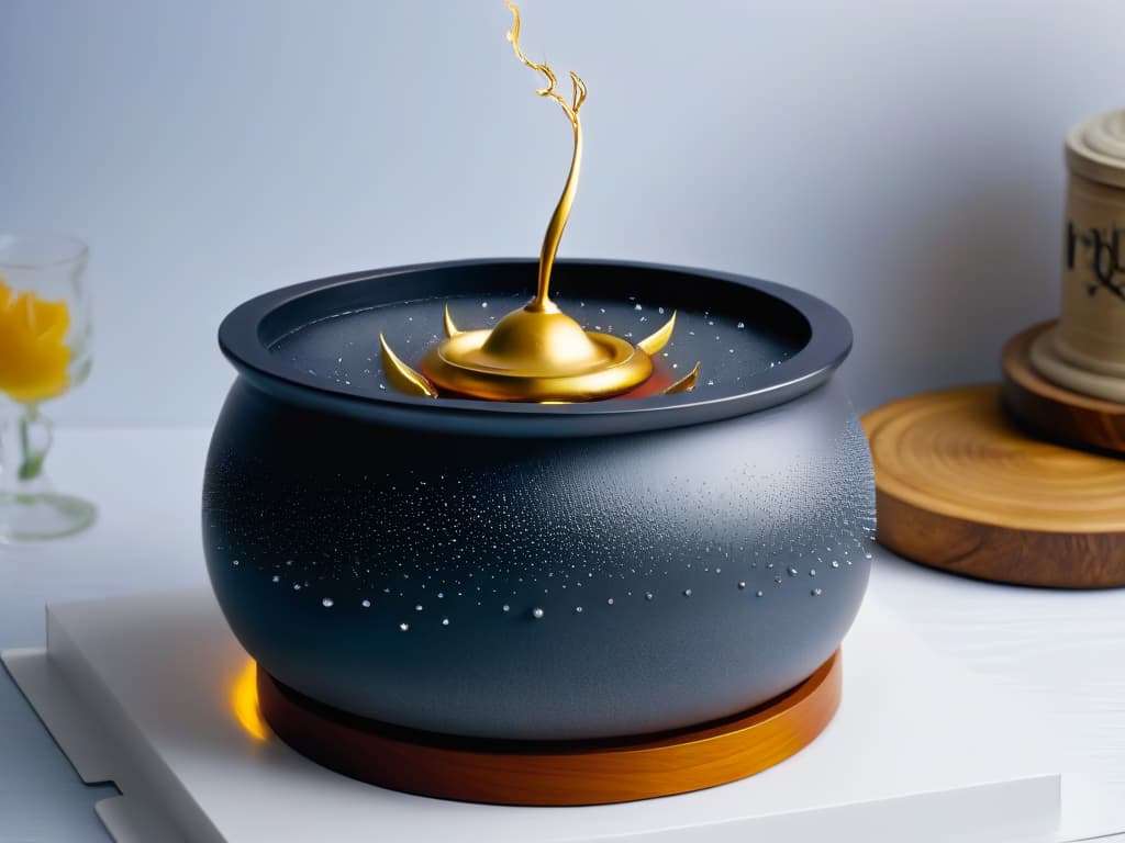  A minimalist, ultradetailed illustration depicting a sleek, silver cauldron overflowing with shimmering golden caramel, surrounded by swirling magical sparkles and floating golden snitches. The cauldron is adorned with intricate engravings of Hogwarts castle and the Deathly Hallows symbol, casting a soft, enchanting glow in a dimly lit kitchen. hyperrealistic, full body, detailed clothing, highly detailed, cinematic lighting, stunningly beautiful, intricate, sharp focus, f/1. 8, 85mm, (centered image composition), (professionally color graded), ((bright soft diffused light)), volumetric fog, trending on instagram, trending on tumblr, HDR 4K, 8K