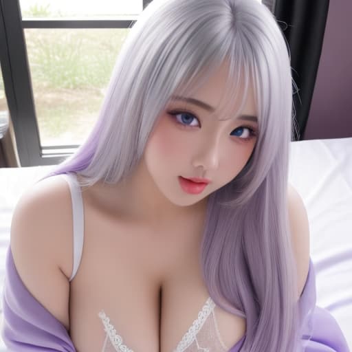  voluptuous female angel bimbo,  long silver hair, purple eyes, white and purple lingerie, enormous tits covered in cum, nsfw, overflowing revealing cleavage, giving a titfuck, ahegao
