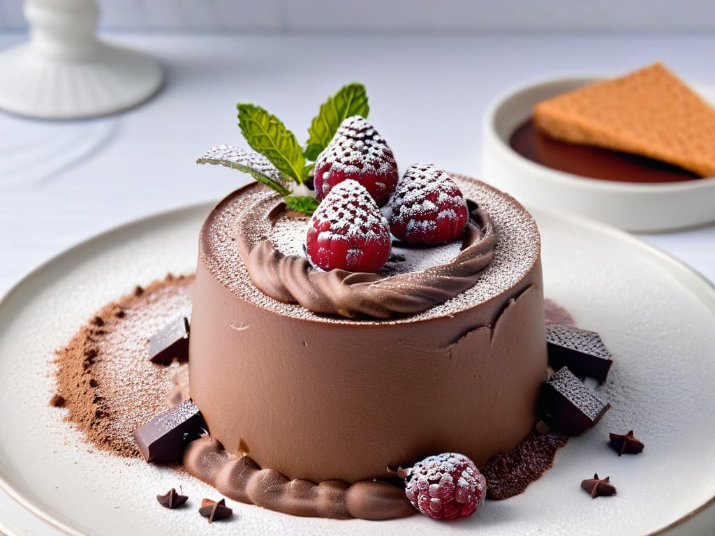  A minimalist image of a beautifully plated lowsodium chocolate mousse topped with fresh raspberries and mint leaves, set against a clean white backdrop. The dessert is elegantly garnished with a light dusting of cocoa powder, creating a visually appealing and appetizing composition that perfectly complements the theme of healthy lowsodium desserts. hyperrealistic, full body, detailed clothing, highly detailed, cinematic lighting, stunningly beautiful, intricate, sharp focus, f/1. 8, 85mm, (centered image composition), (professionally color graded), ((bright soft diffused light)), volumetric fog, trending on instagram, trending on tumblr, HDR 4K, 8K