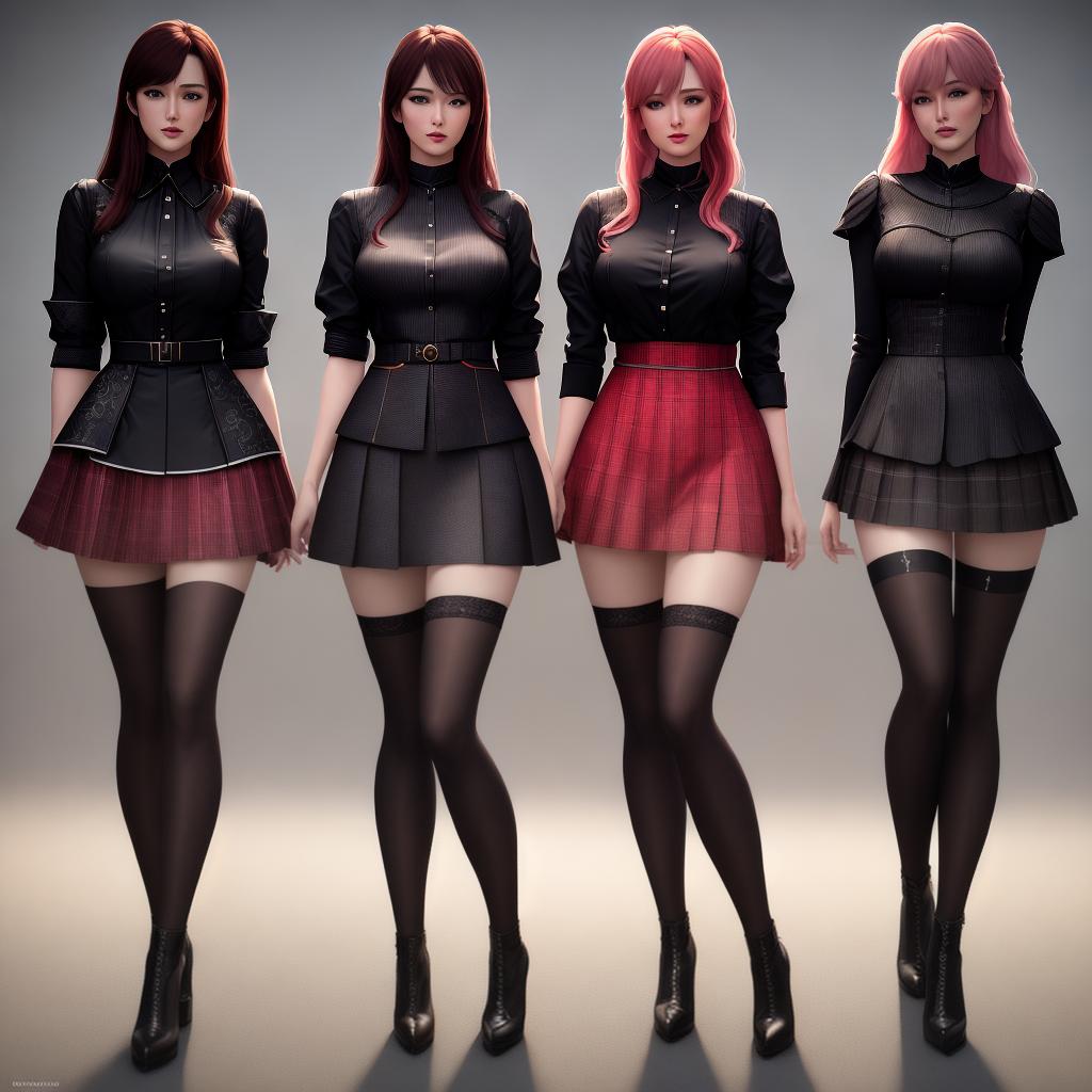  ((masterpiece)), ((best quality)), 8k, high detailed, ultra-detailed, three girls wearing very short skirts, outfits, and high boots, seen from the back and front, in a realistic style hyperrealistic, full body, detailed clothing, highly detailed, cinematic lighting, stunningly beautiful, intricate, sharp focus, f/1. 8, 85mm, (centered image composition), (professionally color graded), ((bright soft diffused light)), volumetric fog, trending on instagram, trending on tumblr, HDR 4K, 8K