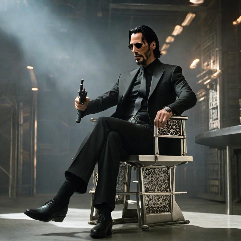  Neo from the Matrix movie, Keanu Reeves, sitting in a silver metal chair behind silver metal interrogation table hyperrealistic, full body, detailed clothing, highly detailed, cinematic lighting, stunningly beautiful, intricate, sharp focus, f/1. 8, 85mm, (centered image composition), (professionally color graded), ((bright soft diffused light)), volumetric fog, trending on instagram, trending on tumblr, HDR 4K, 8K