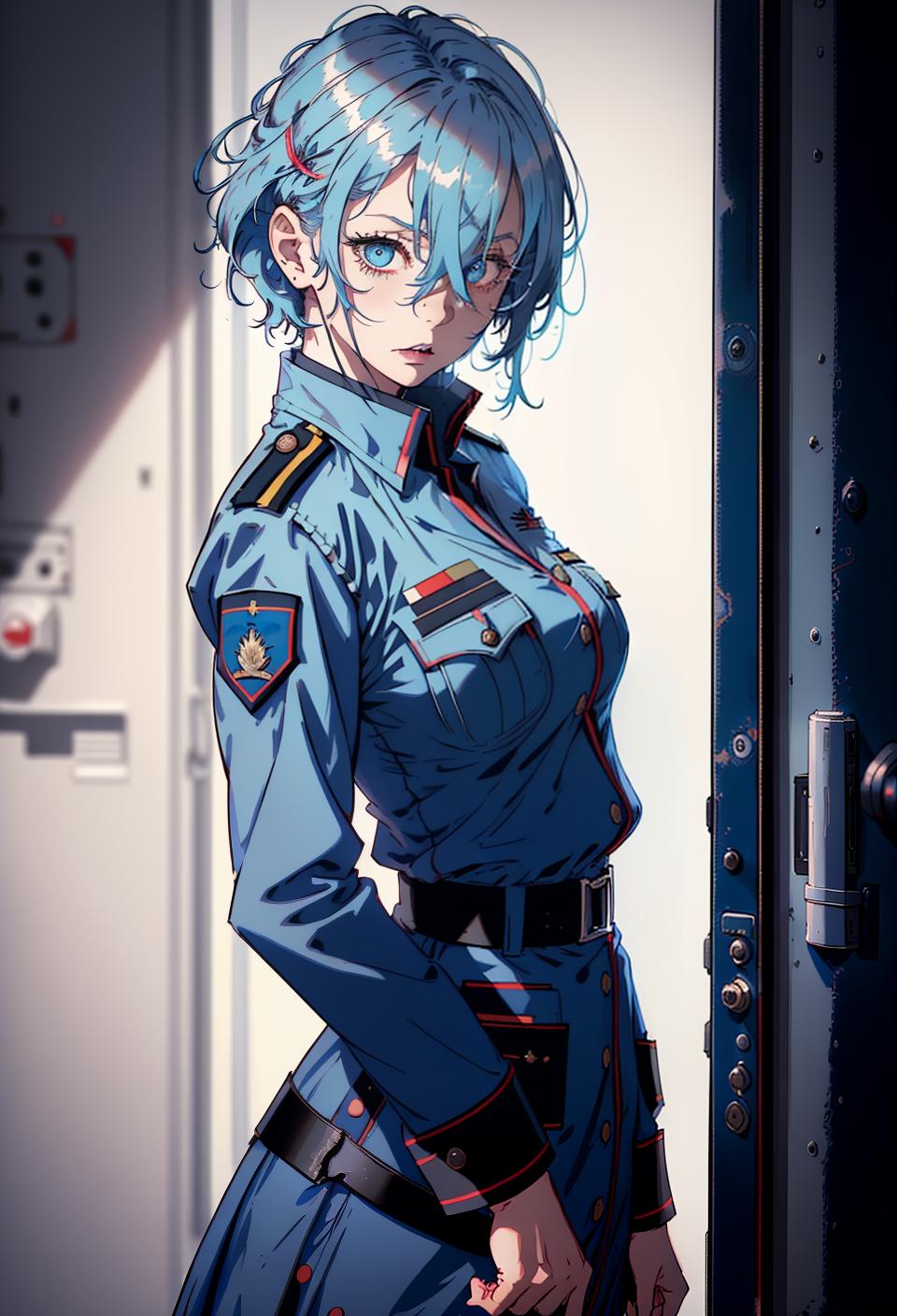 ((trending, highres, masterpiece, cinematic shot)), 1girl, mature, female military uniform, large, abstract background, short messy light blue hair, hair covering one eye,  blue eyes, psychopath, crazy personality, scared expression, very pale skin, lively, clever