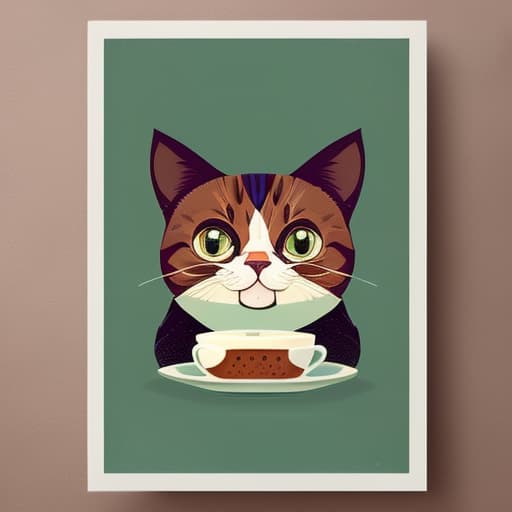 printdesign, in PrintDesign Style, cat in a cafe , close up