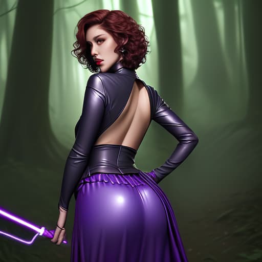  Fierce looking woman with short dark curly red hair wearing purple leather pants with long skirt around back and purple leather long sleeved top holding green light saber dark, foggy outdoor wooded setting