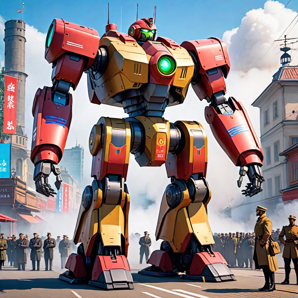  anime artwork A giant Russian combat robot on guard for its country.  hyperrealistic, full body, detailed clothing, highly detailed, cinematic lighting, stunningly beautiful, intricate, sharp focus, f/1. 8, 85mm, (centered image composition), (professionally color graded), ((bright soft diffused light)), volumetric fog, trending on instagram, trending on tumblr, HDR 4K, 8K