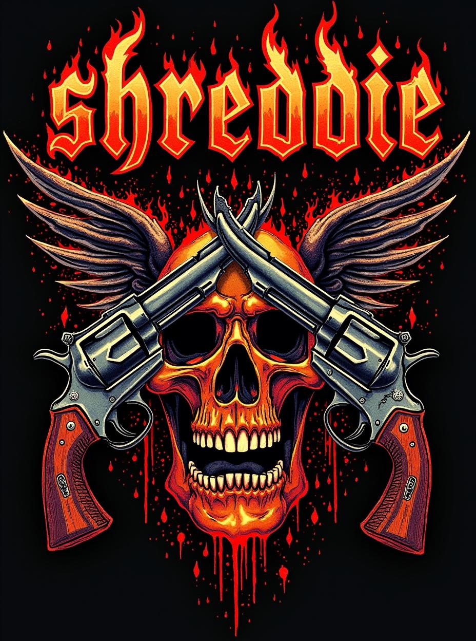  good quality, high quality, death metal shirt design. there are designs related to metal music. fire and abstract shapes. organs are strewn about. the letters "shreddie" on top of the design. epic font. wild western themes and design elements are on the shirt as well. revolvers and outlaw elements. gore and blood.