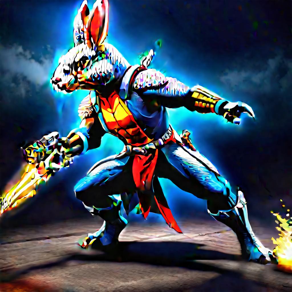  fighting game style The magician rabbit, weapon wielding dinosaur, and arrow shooting rabbit. . dynamic, vibrant, action packed, detailed character design, reminiscent of fighting video games, hkmagic hyperrealistic, full body, detailed clothing, highly detailed, cinematic lighting, stunningly beautiful, intricate, sharp focus, f/1. 8, 85mm, (centered image composition), (professionally color graded), ((bright soft diffused light)), volumetric fog, trending on instagram, trending on tumblr, HDR 4K, 8K