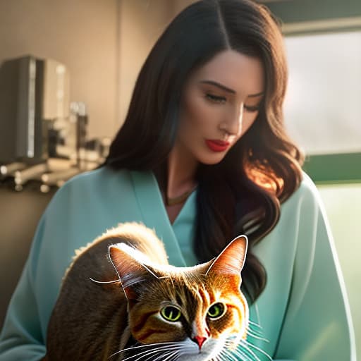 redshift style A beautiful girl goes to the oven with her cat friend hyperrealistic, full body, detailed clothing, highly detailed, cinematic lighting, stunningly beautiful, intricate, sharp focus, f/1. 8, 85mm, (centered image composition), (professionally color graded), ((bright soft diffused light)), volumetric fog, trending on instagram, trending on tumblr, HDR 4K, 8K