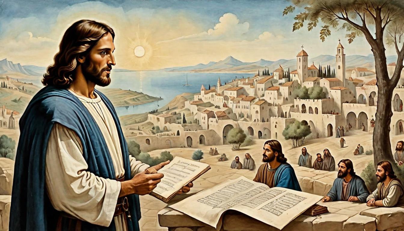  on parchment, surrealism+++, Jesus speaking with a young man, serene landscape with townspeople in the background, biblical attire, ancient, instructive, guidance(mysterious, provocative, symbolic,muted color)+++