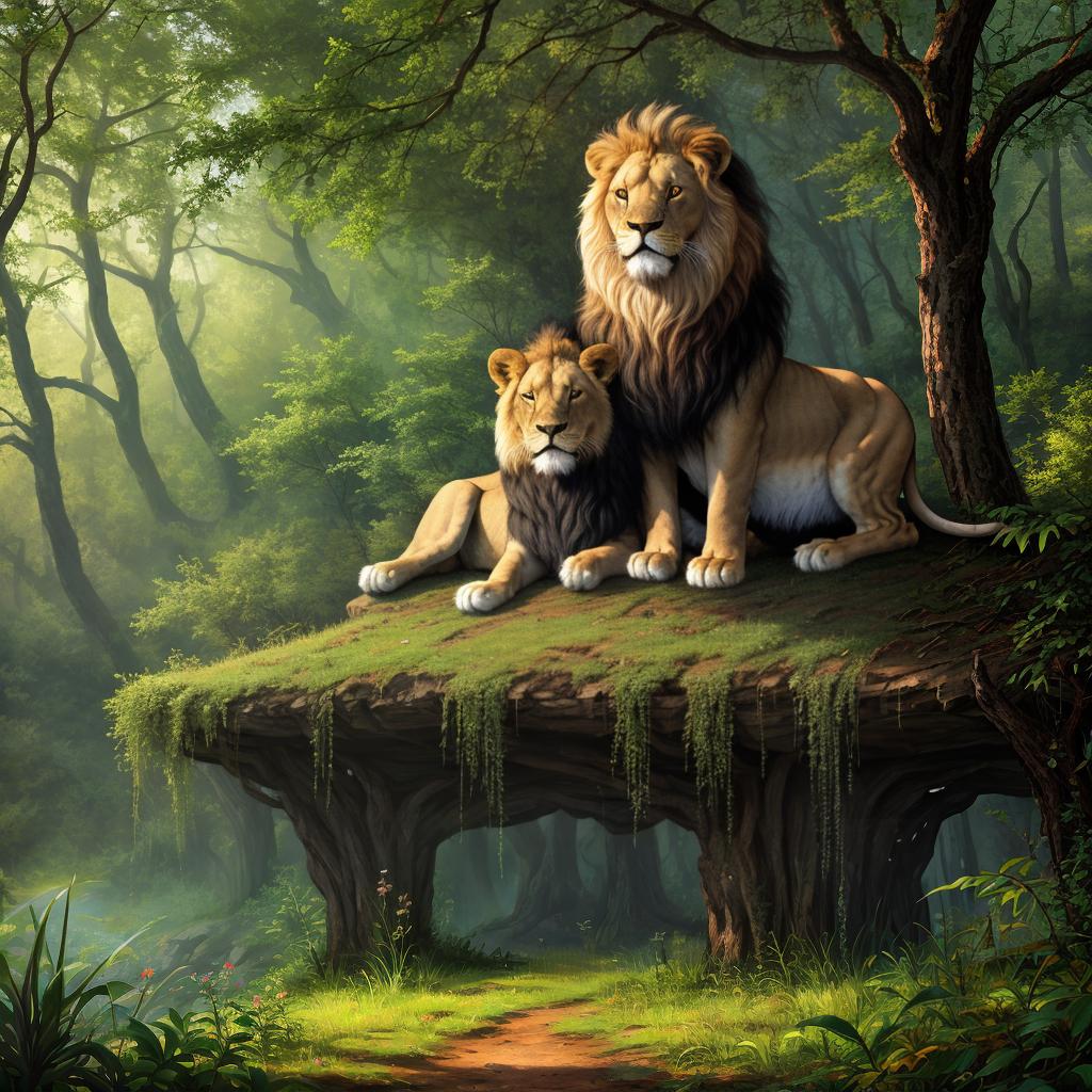  with abstract fantasy elements, a lion sitting in a forest