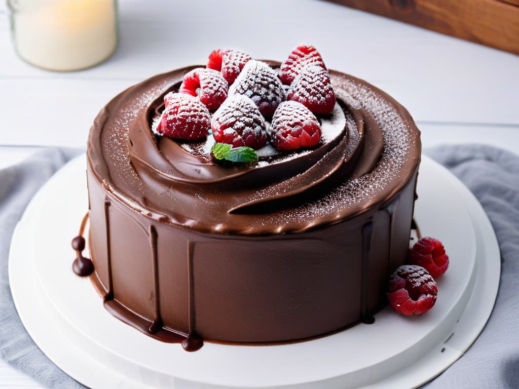  A closeup, ultradetailed image of a decadent, allergenfree chocolate cake with intricate swirls of dairyfree frosting, garnished with fresh raspberries and mint leaves, set on a sleek, modern white plate. The cake is perfectly moist and rich, showcasing a glossy finish that glistens under soft, natural lighting, highlighting the fine details of the dessert. The contrast between the deep, dark chocolate and the vibrant red of the raspberries creates a visually stunning composition, appealing to the viewer's senses and evoking a sense of indulgence and sophistication. hyperrealistic, full body, detailed clothing, highly detailed, cinematic lighting, stunningly beautiful, intricate, sharp focus, f/1. 8, 85mm, (centered image composition), (professionally color graded), ((bright soft diffused light)), volumetric fog, trending on instagram, trending on tumblr, HDR 4K, 8K