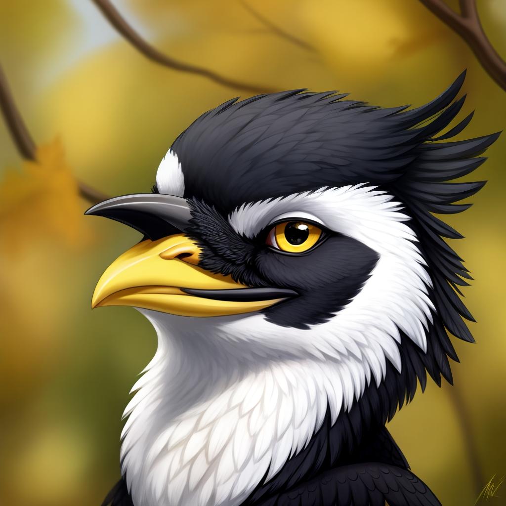  yellow-billed magpie, holarctic magpie, magpie (corvid) , gryphon, yellow under eyes, yellow beak, open eyes, digital art, masterpiece, 4k, fine details,