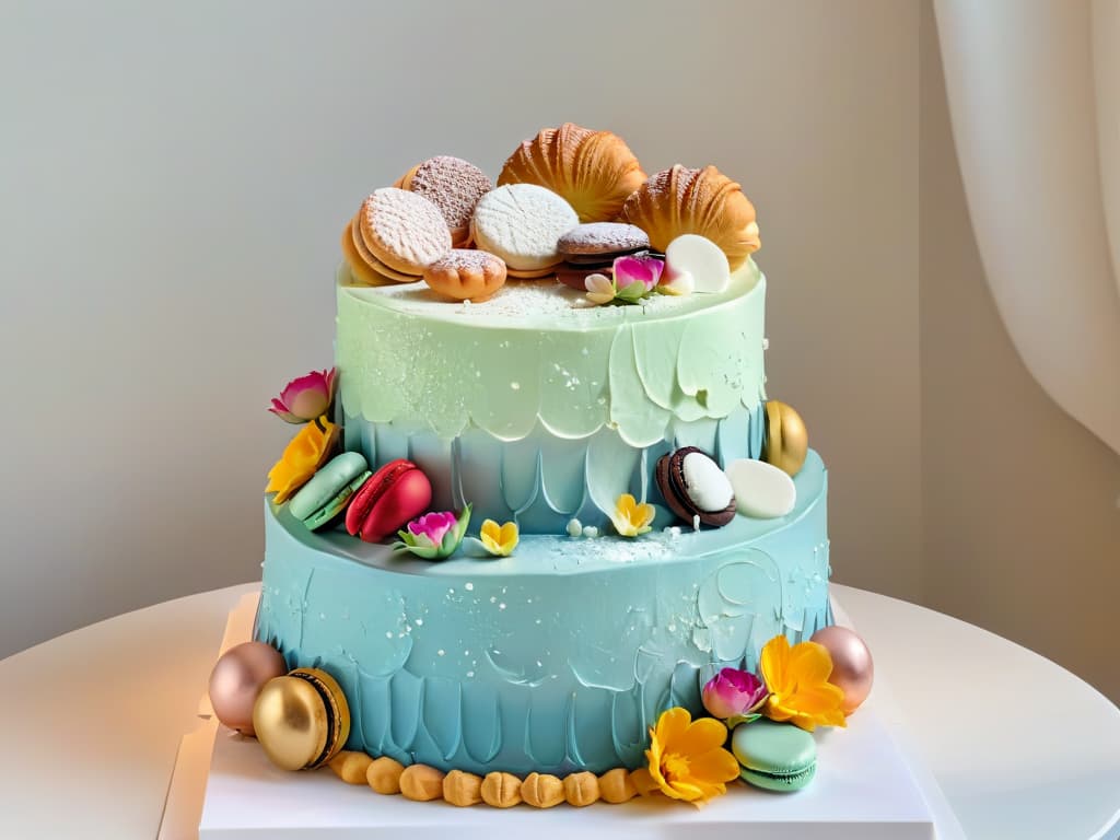  An ultradetailed image of a professional pastry chef delicately piping intricate floral designs onto a multitiered wedding cake, surrounded by an array of pastelcolored macarons and freshly baked croissants, all set against a clean, white backdrop. The chef's hands, adorned with colorful tattoos and delicate gold rings, expertly guide the pastry bag, creating a mesmerizing display of edible art. The lighting captures every detail, from the glistening sugar crystals to the perfectly golden crusts, showcasing the precision and creativity that goes into crafting mouthwatering pastries. hyperrealistic, full body, detailed clothing, highly detailed, cinematic lighting, stunningly beautiful, intricate, sharp focus, f/1. 8, 85mm, (centered image composition), (professionally color graded), ((bright soft diffused light)), volumetric fog, trending on instagram, trending on tumblr, HDR 4K, 8K