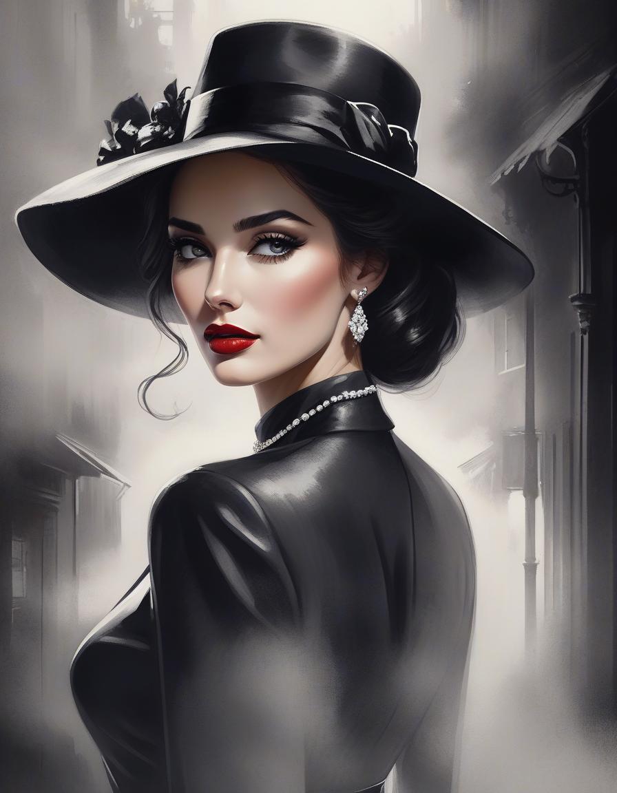  film noir style painting of a woman wearing a hat with a necklace, exquisite digital illustration, elegante pintura digital, linda pintura de persona gem, beautiful digital illustration, estilo de pintura digital, linda pintura digital, linda arte digital, no estilo aquarela, pintura linda, no art style by bowater, a beautiful art illustration, no estilo de aquarela digital, with ink blots and paint running down the screen . monochrome, high contrast, dramatic shadows, 1940s style, mysterious, cinematic hyperrealistic, full body, detailed clothing, highly detailed, cinematic lighting, stunningly beautiful, intricate, sharp focus, f/1. 8, 85mm, (centered image composition), (professionally color graded), ((bright soft diffused light)), volumetric fog, trending on instagram, trending on tumblr, HDR 4K, 8K