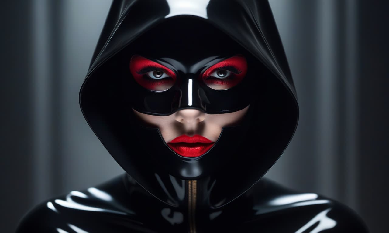  A in a glossy black mask that covers her entire head down to her neck. Her painted eyes and red swollen lips are visible. hyperrealistic, full body, detailed clothing, highly detailed, cinematic lighting, stunningly beautiful, intricate, sharp focus, f/1. 8, 85mm, (centered image composition), (professionally color graded), ((bright soft diffused light)), volumetric fog, trending on instagram, trending on tumblr, HDR 4K, 8K