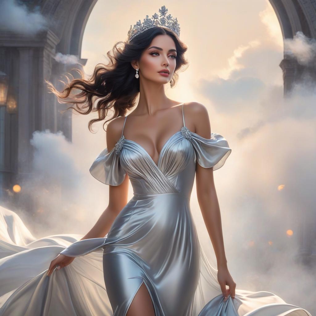  A very pretty girl in a fitted silver dress that is narrow at the top but widens at the bottom. Flying ball gown, lightweight. Silk satin dress. A tiara on her forehead, wavy black hair, clear gray eyes. In the eyes of wisdom, beauty, nobility. Alfonso Mucha, Honoré Fargonard. hyperrealistic, full body, detailed clothing, highly detailed, cinematic lighting, stunningly beautiful, intricate, sharp focus, f/1. 8, 85mm, (centered image composition), (professionally color graded), ((bright soft diffused light)), volumetric fog, trending on instagram, trending on tumblr, HDR 4K, 8K