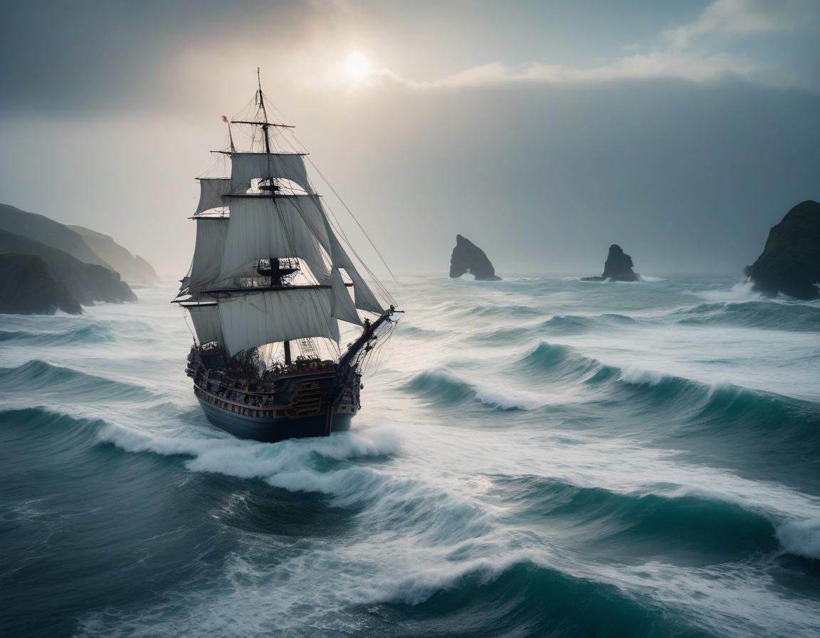  cinematic film still Pirate ship sailing through sea waves in 4k. . shallow depth of field, vignette, highly detailed, high budget, bokeh, cinemascope, moody, epic, gorgeous, film grain, grainy hyperrealistic, full body, detailed clothing, highly detailed, cinematic lighting, stunningly beautiful, intricate, sharp focus, f/1. 8, 85mm, (centered image composition), (professionally color graded), ((bright soft diffused light)), volumetric fog, trending on instagram, trending on tumblr, HDR 4K, 8K