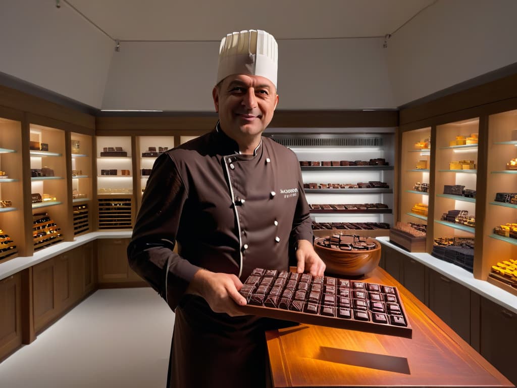  A photorealistic image of Ernst Knam, the renowned Italian chocolatier, standing proudly in his elegant chocolate workshop in Milan, surrounded by shelves filled with exquisite handcrafted chocolates of various shapes and flavors. The warm ambient light highlights the intricate details of the chocolates, casting soft shadows on the wooden tables and vintage chocolatemaking equipment in the background. Ernst Knam is wearing a crisp white chef's uniform, with a hint of chocolate smudged on his fingertips, exuding an aura of passion and expertise in the art of chocolatemaking. hyperrealistic, full body, detailed clothing, highly detailed, cinematic lighting, stunningly beautiful, intricate, sharp focus, f/1. 8, 85mm, (centered image composition), (professionally color graded), ((bright soft diffused light)), volumetric fog, trending on instagram, trending on tumblr, HDR 4K, 8K