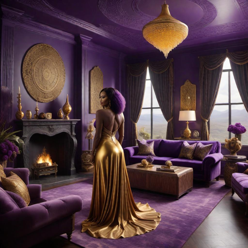  A high-resolution digital matte painting of an African American woman decorating her living room in purple and gold, with a wolf wallpaper in the background. The scene is epic, cinematic, brilliant, stunning, intricate, meticulously detailed, dramatic, atmospheric, maximalist. It includes elements of Fantasycore D&D landscape, special effects, arcane magic, and digital watercolour paper. The focus is on creating a visually captivating and magical setting for the viewer to immerse in. hyperrealistic, full body, detailed clothing, highly detailed, cinematic lighting, stunningly beautiful, intricate, sharp focus, f/1. 8, 85mm, (centered image composition), (professionally color graded), ((bright soft diffused light)), volumetric fog, trending on instagram, trending on tumblr, HDR 4K, 8K