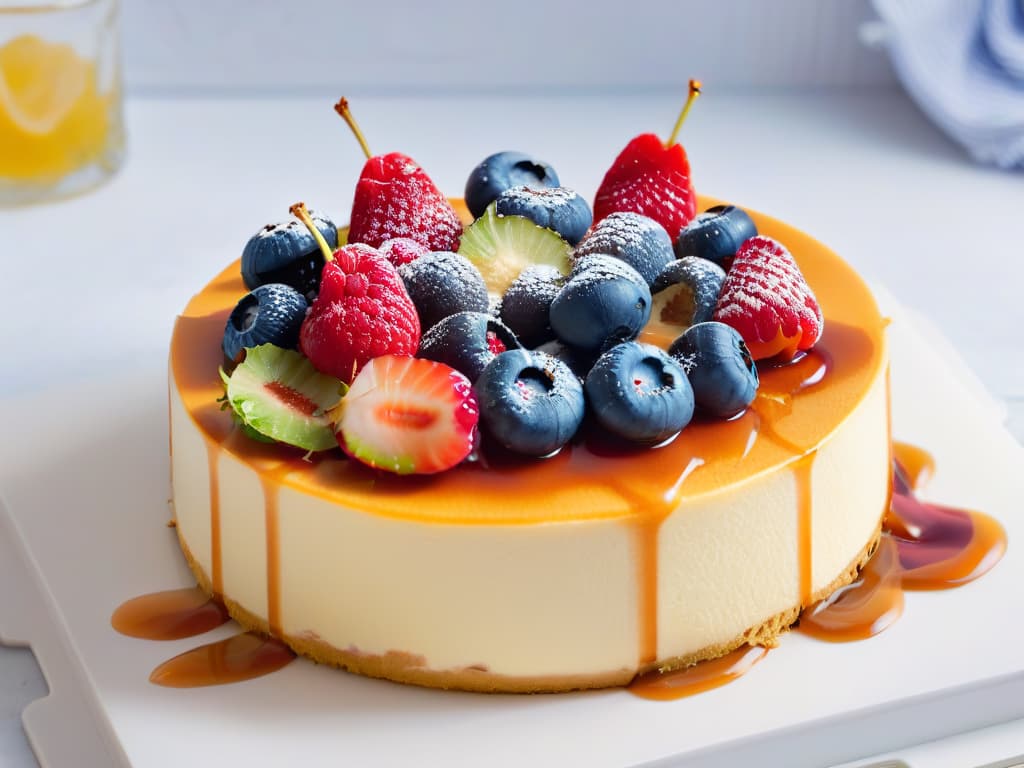  An ultradetailed closeup image of a perfectly sliced keto cheesecake on a sleek, modern marble serving board. The cheesecake is topped with fresh berries and a drizzle of sugarfree caramel sauce, showcasing its decadent yet healthy appeal. The lighting is soft and natural, highlighting the creamy texture of the cheesecake and the vibrant colors of the toppings. hyperrealistic, full body, detailed clothing, highly detailed, cinematic lighting, stunningly beautiful, intricate, sharp focus, f/1. 8, 85mm, (centered image composition), (professionally color graded), ((bright soft diffused light)), volumetric fog, trending on instagram, trending on tumblr, HDR 4K, 8K