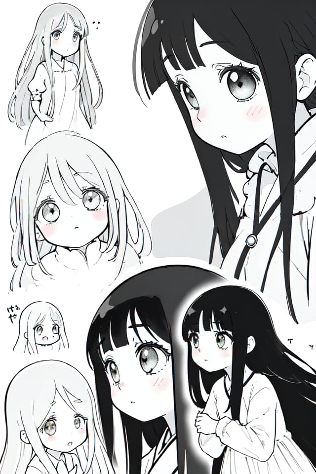  Girls, Orihime, profile, cute, princess cut, heavy bangs, big eyes, poses to ask, long hair, mini character, one, face, face, one eye