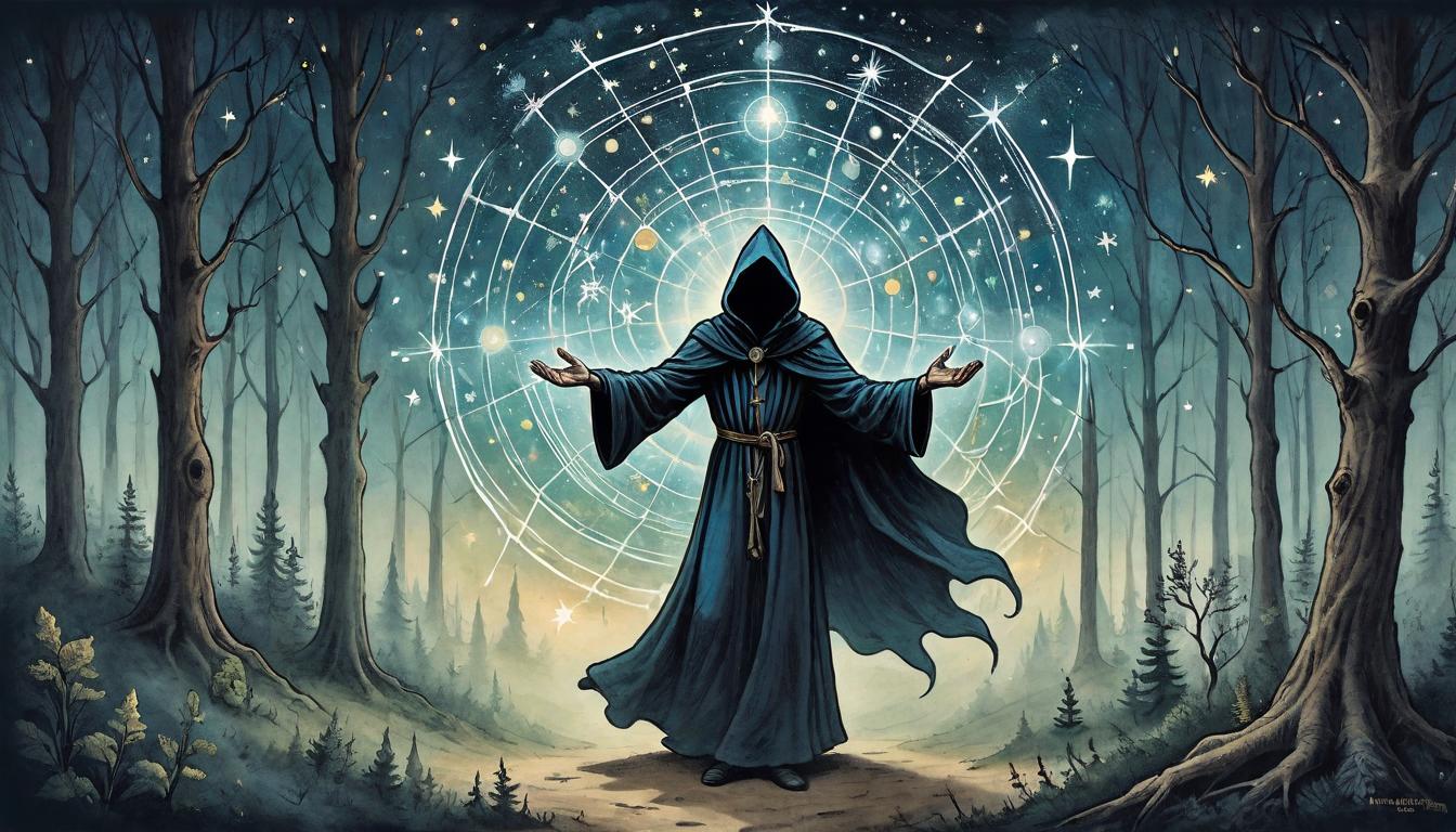  on parchment, surrealism+++, A cloaked figure in a forest clearing, hands extended towards the stars, forming a web of energy that connects them to the vastness of the universe. Connection to the cosmos, energy web, forest clearing, profound self unity, astral communion(mysterious, provocative, symbolic,muted color)+++