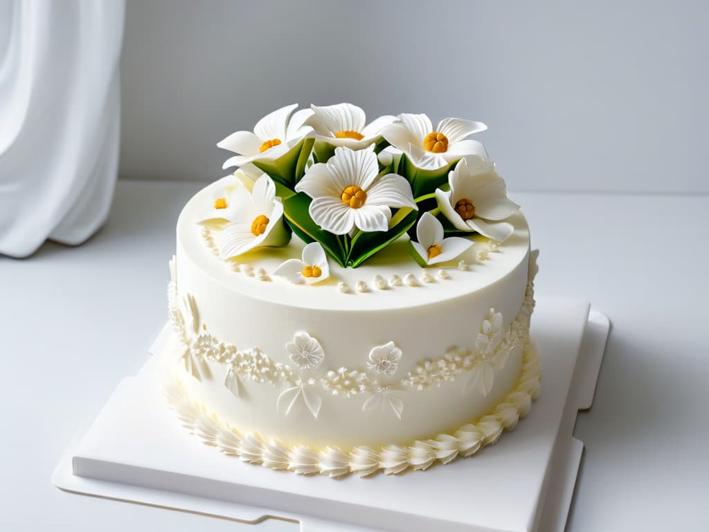  A highresolution, ultradetailed image of a sophisticated, intricately designed 3Dprinted cake topper featuring delicate floral patterns and ornate details, showcasing the advanced techniques and designs achievable through 3D printing in the context of pastry decoration. The cake topper is elegantly displayed against a clean, minimalist backdrop to emphasize its intricate beauty and the fusion of technology with traditional culinary artistry. hyperrealistic, full body, detailed clothing, highly detailed, cinematic lighting, stunningly beautiful, intricate, sharp focus, f/1. 8, 85mm, (centered image composition), (professionally color graded), ((bright soft diffused light)), volumetric fog, trending on instagram, trending on tumblr, HDR 4K, 8K