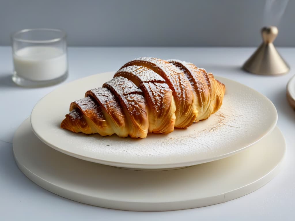  A closeup, ultradetailed image of a perfectly golden and flaky glutenfree croissant, with delicate layers visible and a sprinkle of powdered sugar on top, set on a sleek, modern white plate. hyperrealistic, full body, detailed clothing, highly detailed, cinematic lighting, stunningly beautiful, intricate, sharp focus, f/1. 8, 85mm, (centered image composition), (professionally color graded), ((bright soft diffused light)), volumetric fog, trending on instagram, trending on tumblr, HDR 4K, 8K