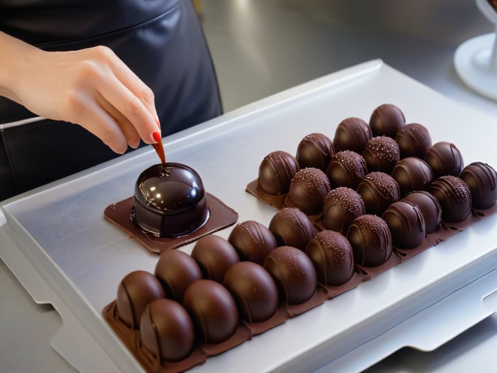  A closeup, ultradetailed image of a glossy, perfectly tempered dark chocolate ganache being poured into individual bonbon molds, capturing the smooth, velvety texture and the intricate details of the process. The rich, decadent chocolate contrasts beautifully against the clean, minimalist backdrop, showcasing the artistry and precision involved in creating gourmet filled chocolates. hyperrealistic, full body, detailed clothing, highly detailed, cinematic lighting, stunningly beautiful, intricate, sharp focus, f/1. 8, 85mm, (centered image composition), (professionally color graded), ((bright soft diffused light)), volumetric fog, trending on instagram, trending on tumblr, HDR 4K, 8K