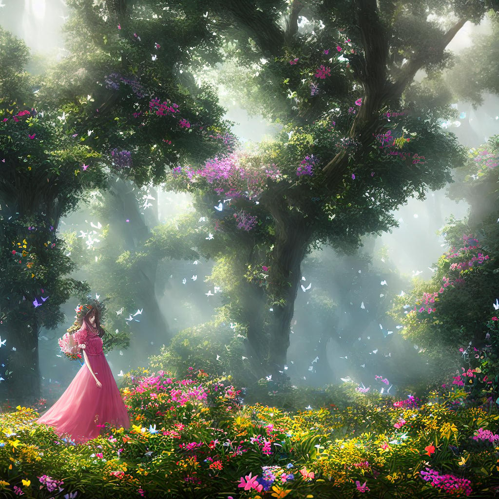  ((masterpiece)), (((best quality))), 8k, high detailed, ultra-detailed. A cute girl wearing a pink dress, standing in a blooming field, with a gentle breeze blowing her hair, surrounded by colorful butterflies. The sunlight filters through the trees, creating a beautiful play of light and shadows on the girl's face and the flowers. hyperrealistic, full body, detailed clothing, highly detailed, cinematic lighting, stunningly beautiful, intricate, sharp focus, f/1. 8, 85mm, (centered image composition), (professionally color graded), ((bright soft diffused light)), volumetric fog, trending on instagram, trending on tumblr, HDR 4K, 8K