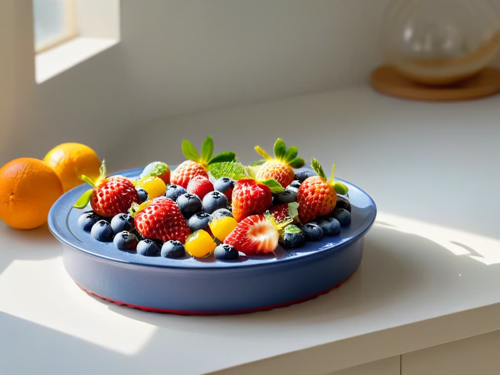  An ultradetailed 8k image of a sleek, modern kitchen countertop adorned with an array of fresh, vibrant fruits like strawberries, blueberries, and oranges. Each fruit is perfectly ripe, with glistening droplets of water on their surfaces, showcasing their natural beauty. The sunlight filters through a nearby window, casting a soft, warm glow on the fruits, creating a visually stunning and appetizing scene that embodies the essence of homemade vegan jams. hyperrealistic, full body, detailed clothing, highly detailed, cinematic lighting, stunningly beautiful, intricate, sharp focus, f/1. 8, 85mm, (centered image composition), (professionally color graded), ((bright soft diffused light)), volumetric fog, trending on instagram, trending on tumblr, HDR 4K, 8K