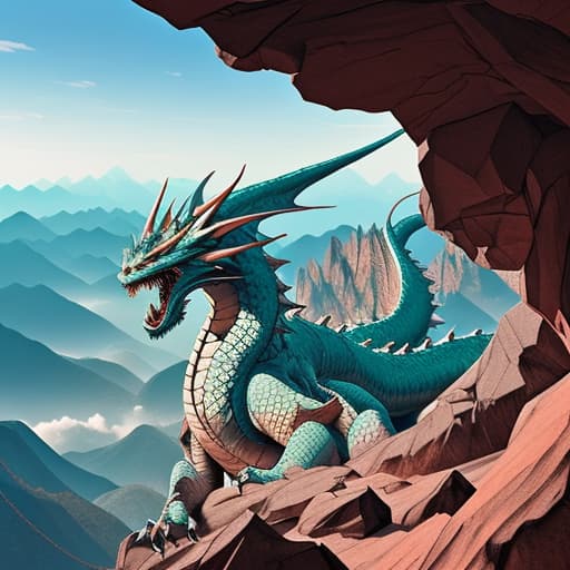  A giant dragon gazing at you from over a mountain peak.