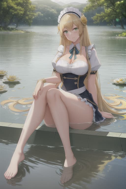  (score 9,score 8 up,score 7 up,),1girl,solo,maid,maid headdress,looking at viewer,outdoor,lake,apron,blonde hair,indoors,green eyes,bare foot,two feet in the water lotus flower sex stunny hyperrealistic, full body, detailed clothing, highly detailed, cinematic lighting, stunningly beautiful, intricate, sharp focus, f/1. 8, 85mm, (centered image composition), (professionally color graded), ((bright soft diffused light)), volumetric fog, trending on instagram, trending on tumblr, HDR 4K, 8K